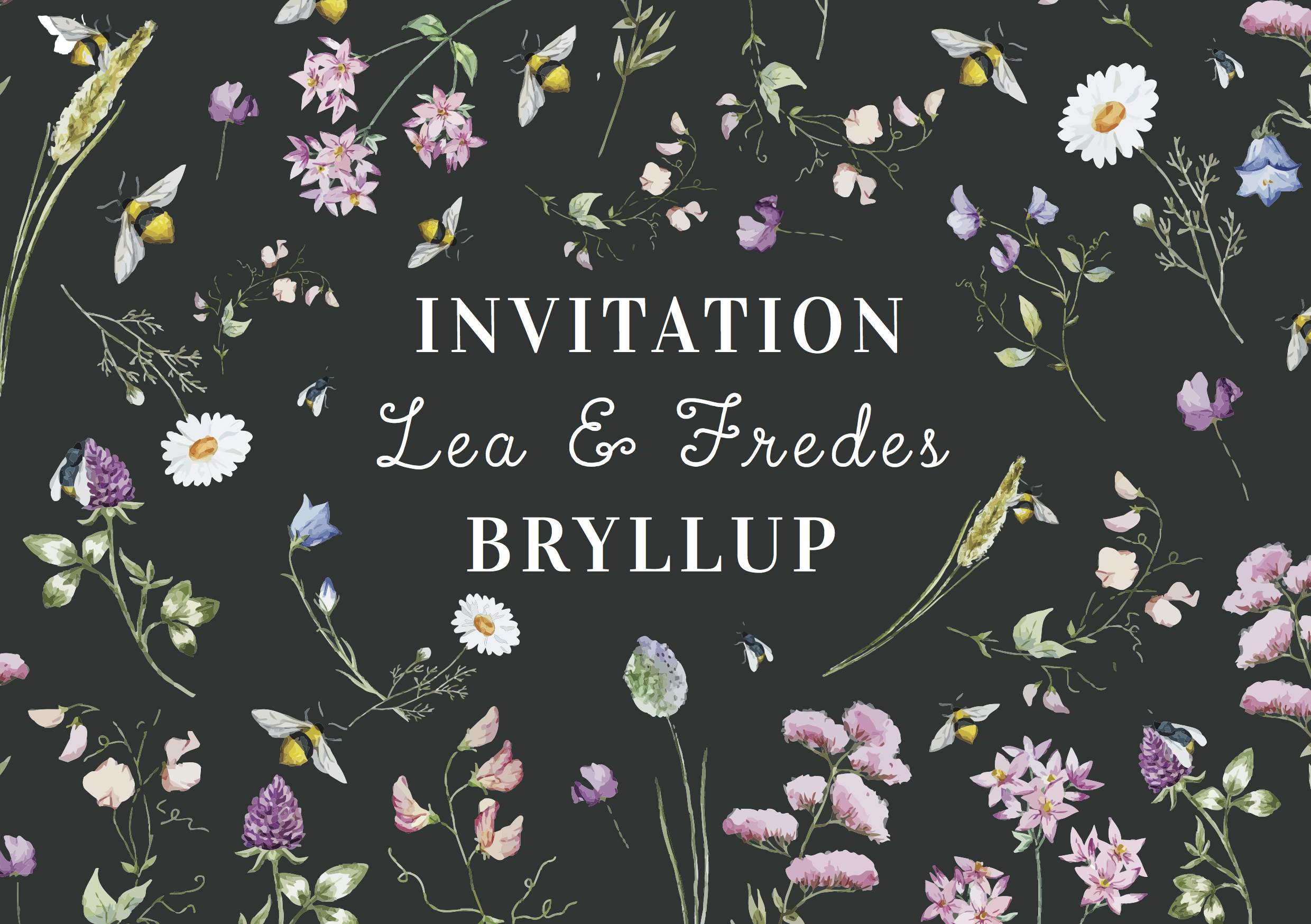 
                Lea & Frede Sort er det oplagte valg af bryllupsinvitation hvis I skal invitere til et romantisk sommerbryllup. Her er det blomster plukket i grøftekanten der pryder designet. Hold forsiden enkel og gem den lange tekst til bagsiden af invitationen. Til den smukke bryllupsinvitation kommer alt det relateret tilbehør I skulle få brug for af festpynt til den store dag. Herunder salmehæfte, velkomstskilte,  bordoversigt, menukort, bordkort, drinkskort, takkekort mm. således I kan skabe en rød tråd for bryllupsdagen. Invitationen kommer også i en hvid og rosa udgave.
                